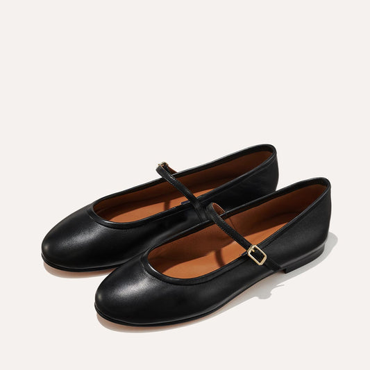 Margaux's classic and comfortable rounded-toe mary jane ballet flat, made in a soft, black Italian nappa leather