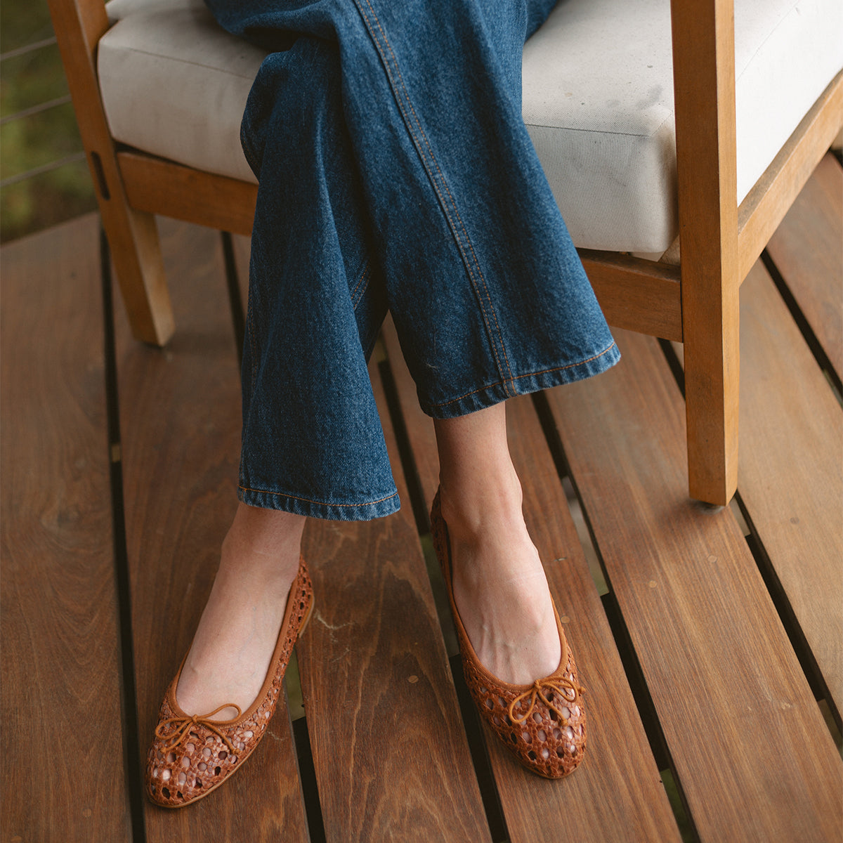Margaux's classic and comfortable Demi ballet flat, handwoven in India from soft saddle brown leather and finished in Spain