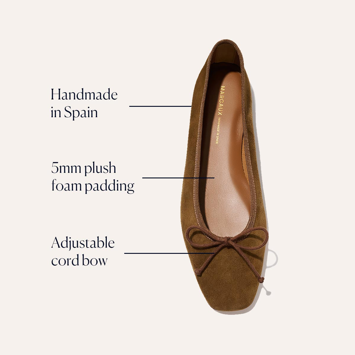 Handcrafted in Spain, Margaux’s The Fonteyn - Cedar Suede features a bow-topped toe, adjustable cord bow, and 5mm plush foam padding for comfort.