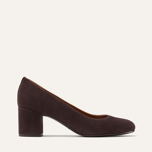 Margaux's classic and comfortable workwear Heel, made in Spain from soft, chocolate brown Italian suede