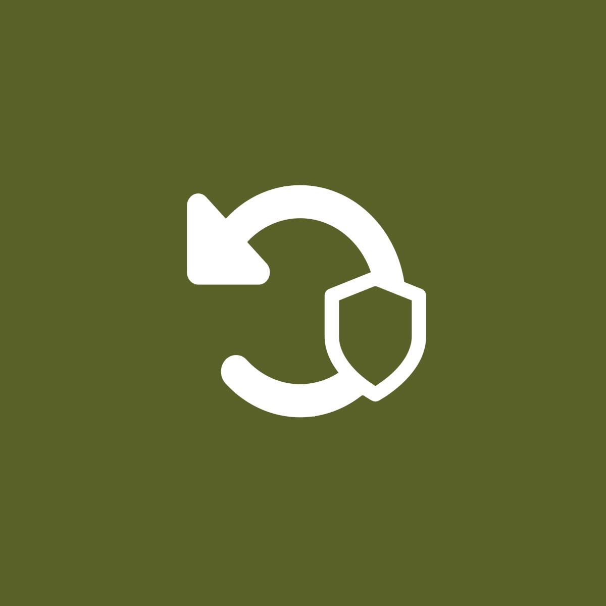 A white circular arrow with a shield symbol overlaps the lower right side on an olive green background, visually representing Margauxs Return Protection.
