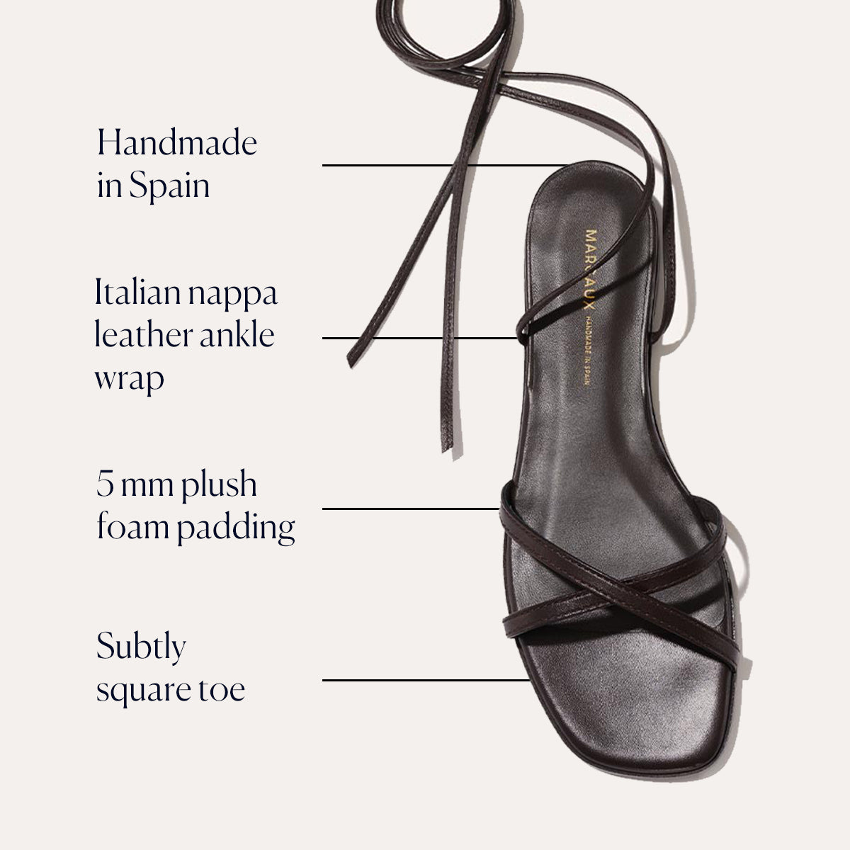 The Wrap Sandal - Espresso Nappa by Margaux features crisscross straps, a subtly square toe, and a thin leather ankle wrap. Handmade in Spain from Italian nappa leather with 5 mm foam padding for versatile summer style.