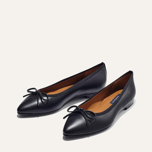 Margaux's classic and comfortable pointed-toe ballet flat, made in a soft, black Italian nappa leather