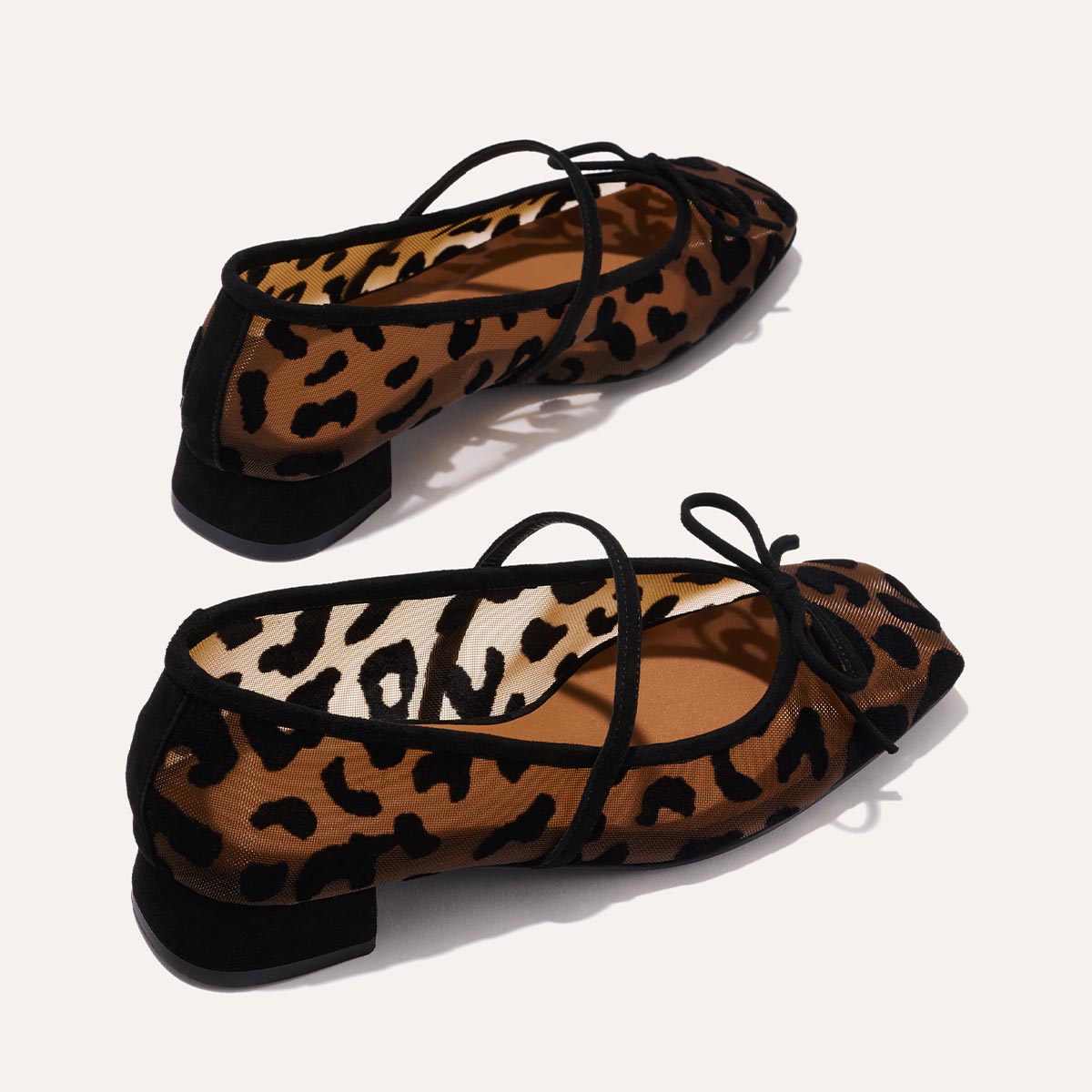 The Ada in Leopard Mesh, a ballet flat with a square toe, comfortable 1-inch block heel and an elastic Mary Jane strap.