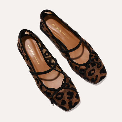 The Ada in Leopard Mesh, a ballet flat with a square toe, comfortable 1-inch block heel and an elastic Mary Jane strap.
