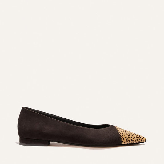 The Alba by Margaux—a chic ballet flat crafted from molasses suede with a tan mini cheetah haircalf pointed toe—is shown in profile against a plain white background.