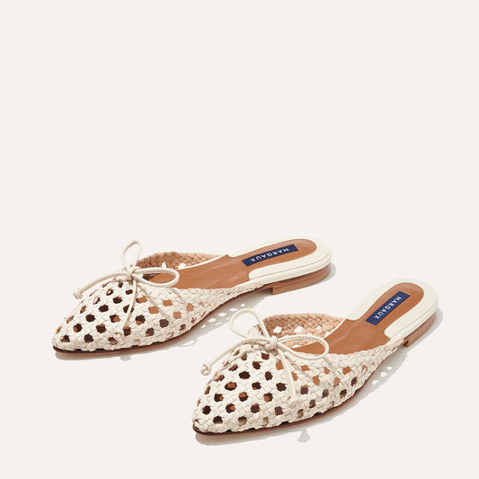 Margaux's classic and comfortable Ballet Mule, handwoven in India from soft white leather and finished in Spain