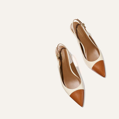 The Colette by Margaux features elegant slingback styling in cotton and saddle nappa, with a micro heel, cream sides, and brown snip toe cap, beautifully displayed on a light background.