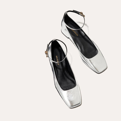 The Daphne in shiny Silver Crinkle Mirror, featuring a chic square toe, a supportive ankle strap and a versatile 1-inch block heel,