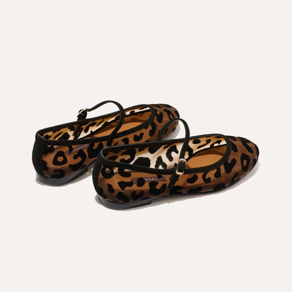 The Demi Jane in Leopard Mesh, a ballet flat with a rounded toe and an adjustable strap for a secure fit.