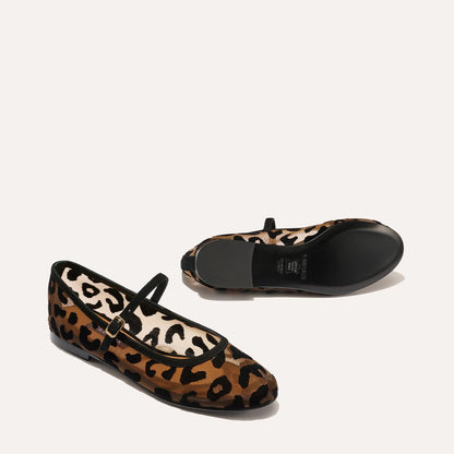 The Demi Jane in Leopard Mesh, a ballet flat with a rounded toe and an adjustable strap for a secure fit.