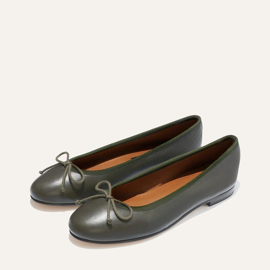 Margaux's classic and comfortable Demi ballet flat, made in a soft, olive green Italian nappa leather 