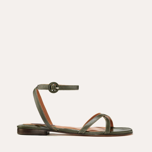 Margaux's classic and comfortable Flat Sandal, made in Spain from soft, olive green Italian nappa leather