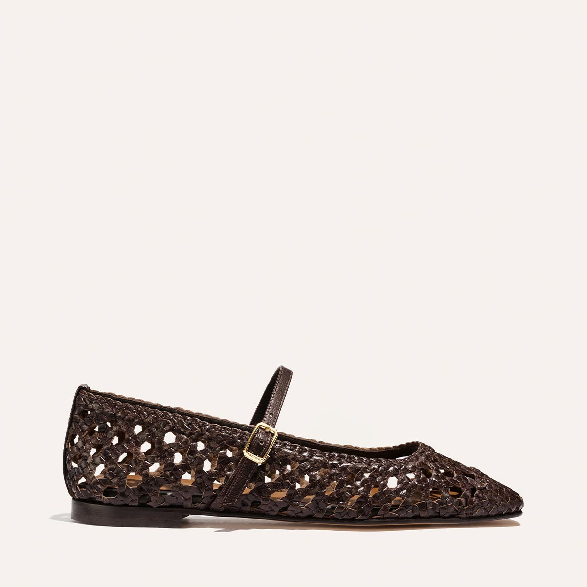 The Fonteyn Jane - Espresso Woven Leather by Margaux is a dark brown handwoven leather ballerina flat with a pointed toe and adjustable strap with buckle, shown against a plain light background.