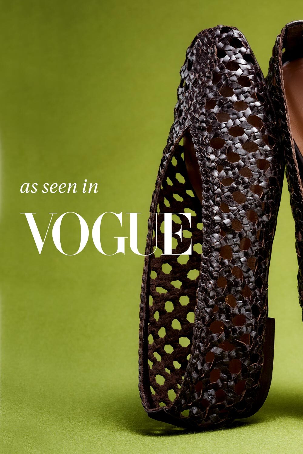 Patterned high-heeled shoes on a green background with 'Vogue' branding.