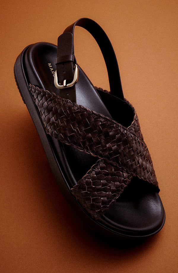 Two woven summer sandals in white and brown woven leather