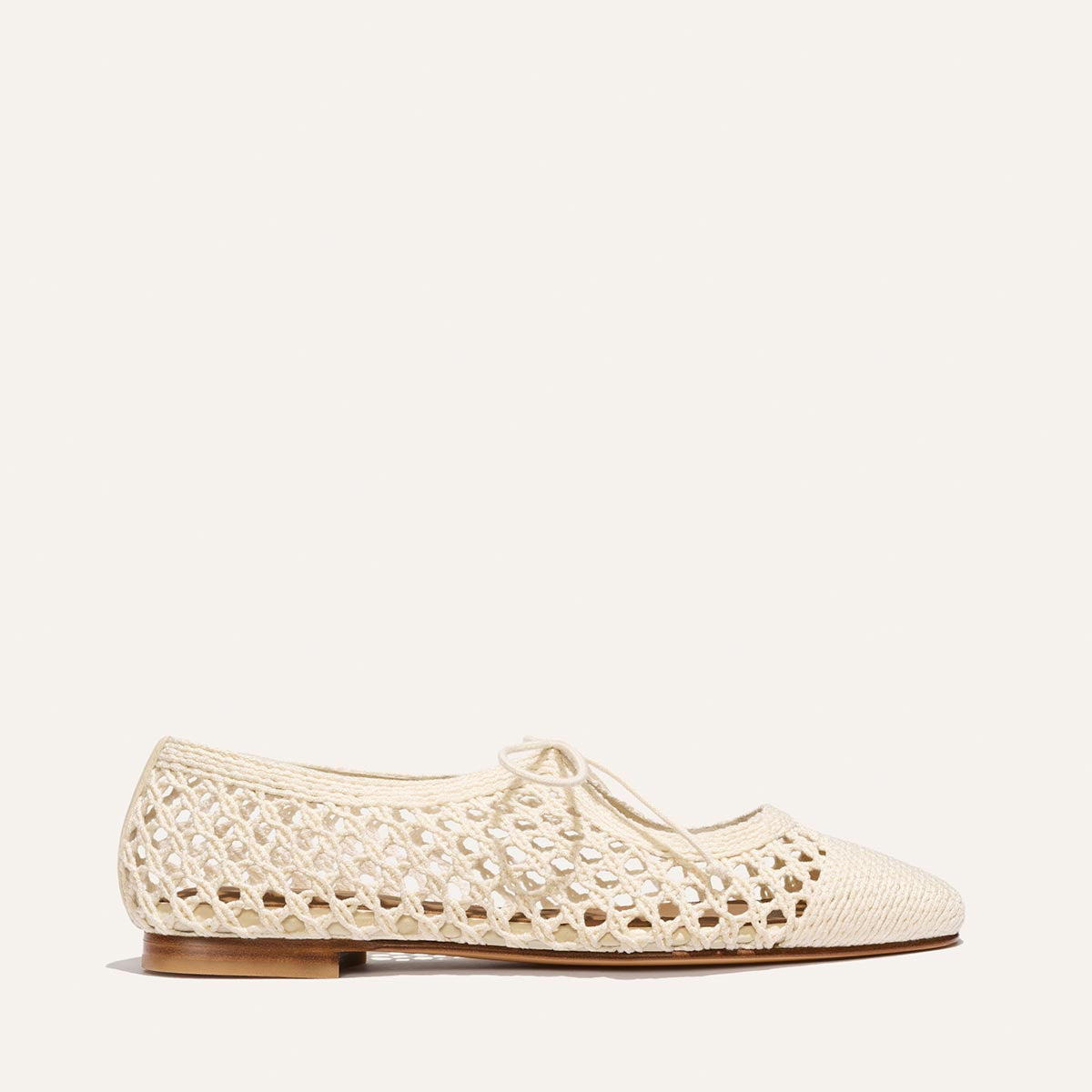The Luna - Ecru Macrame by Margaux is a pointed-toe ballet flat in beige cotton with a cut-out lattice design and small flat heel, shown on a plain background—ideal for summer.