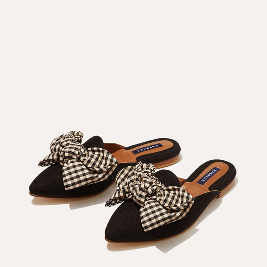 Margaux's classic and comfortable Mule, made in Spain from black linen and finished with a gingham-printed bow