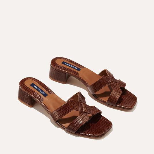Margaux's classic and comfortable MX 35 Sandal, made in Spain from brown lizard-embossed Italian leather with a walkable block heel