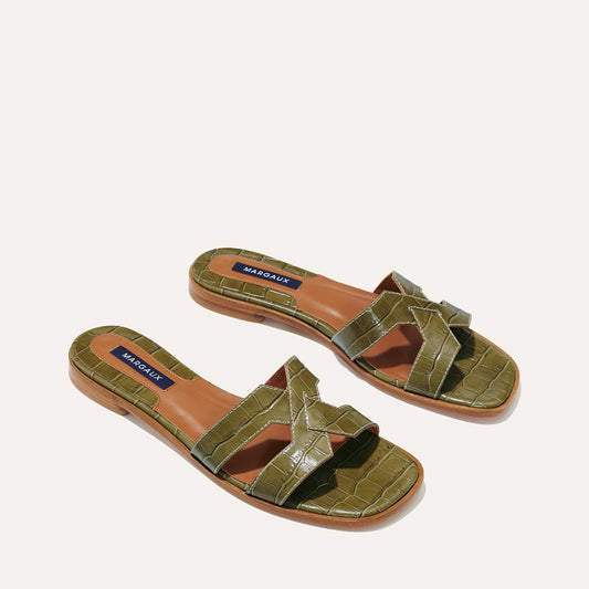 Margaux's classic and comfortable MX Sandal, made in Spain from olive green croc-embossed Italian leather