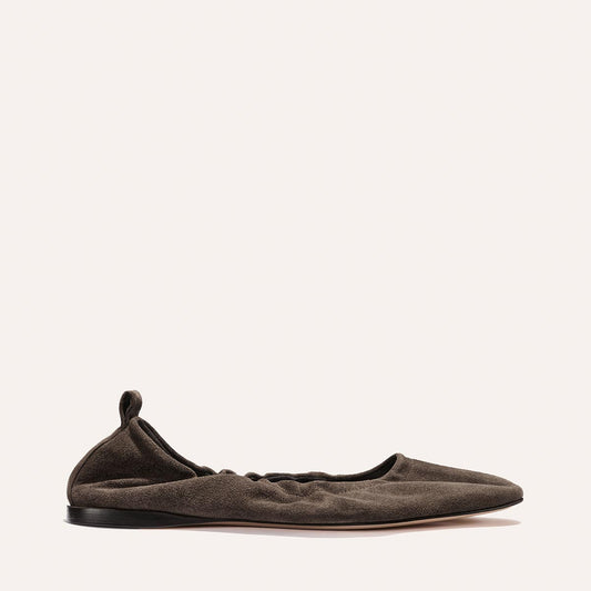 The Pascale - English Brown Suede is a dark brown deconstructed suede ballet flat with an elasticated back and a heel pull tab.