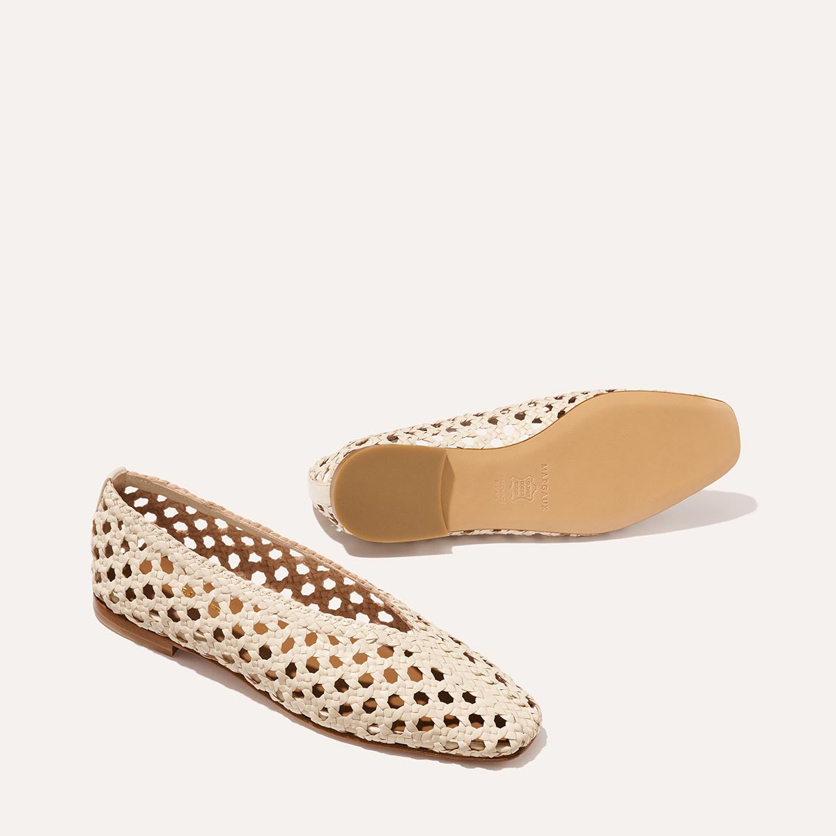 Ecru leather woven flats