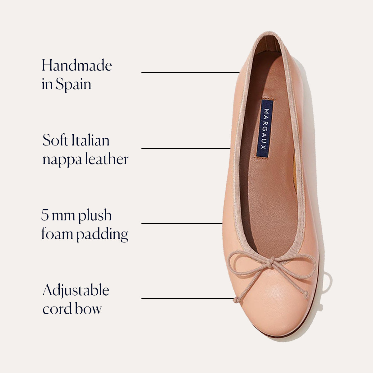 The Demi - Ballet Pink Nappa by margaux-development is a blush ballet flat handmade in Spain from Italian nappa leather, featuring 5mm plush foam padding and an adjustable cord bow for comfort.