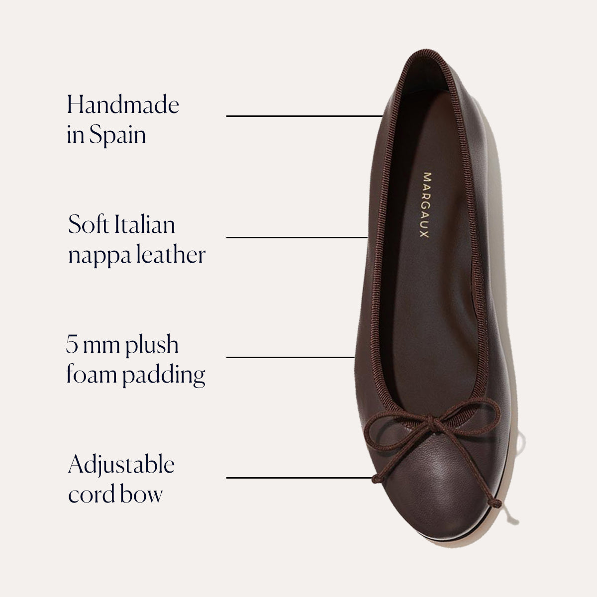 The Demi - Espresso Nappa by margaux-development is a popular ballet flat, handmade in Spain from soft Italian nappa leather. It features 5 mm plush foam padding, an adjustable cord bow, and comes in brown, shown here from above.