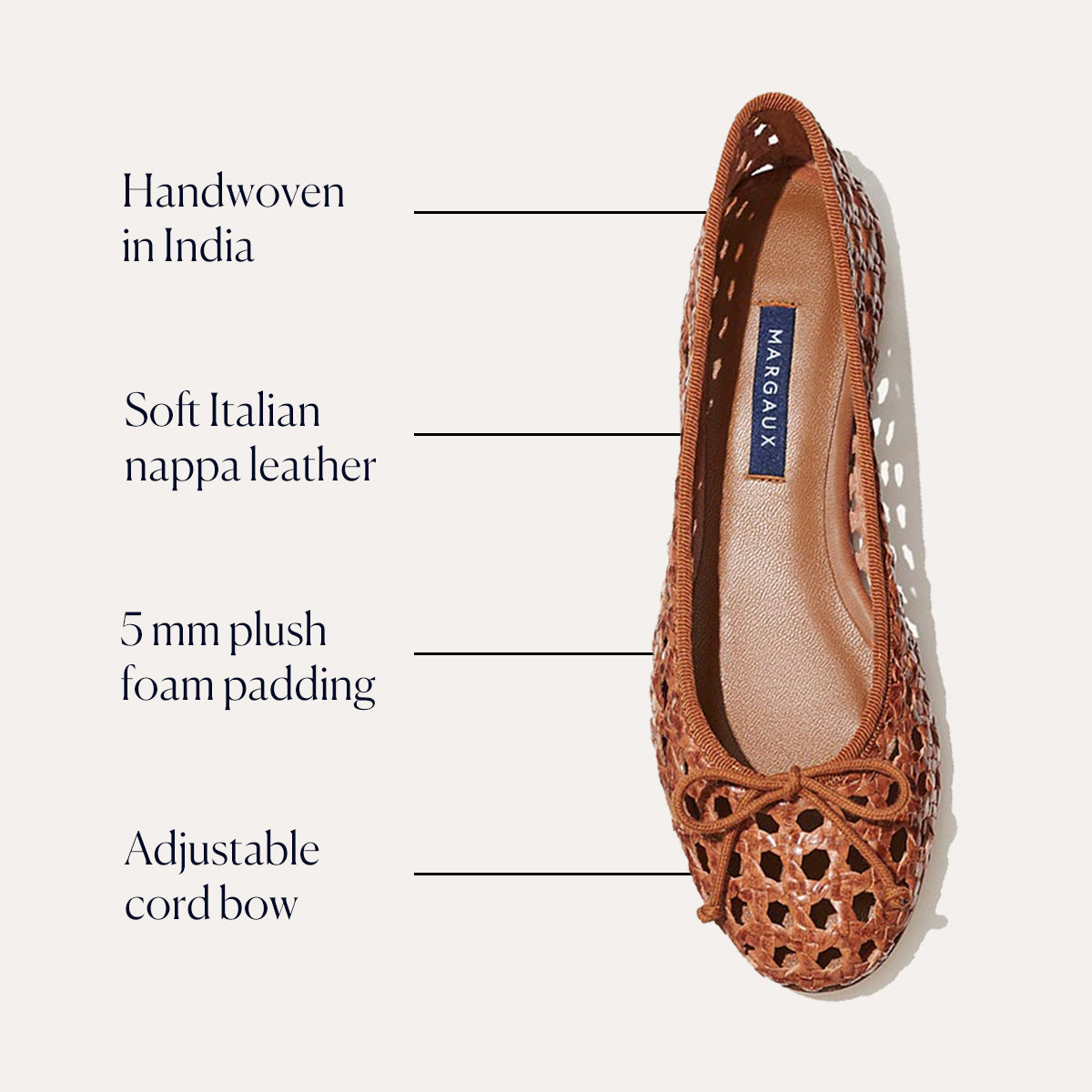 The Demi - Saddle Woven by margaux-development is a brown woven leather ballet flat with an adjustable cord bow, handwoven in India from soft Italian nappa leather and features 5 mm plush foam padding. Shown from above.