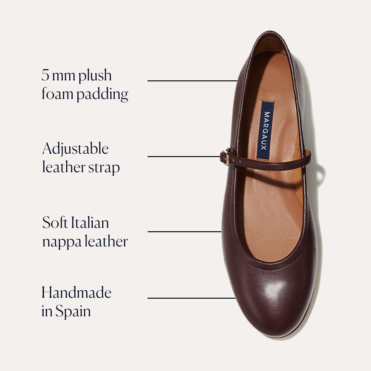The Demi Jane - Burgundy Nappa by Margaux features soft Italian nappa leather, a 5 mm plush foam insole, adjustable strap, and handmade Spanish craftsmanship. The insole is stamped Margaux.