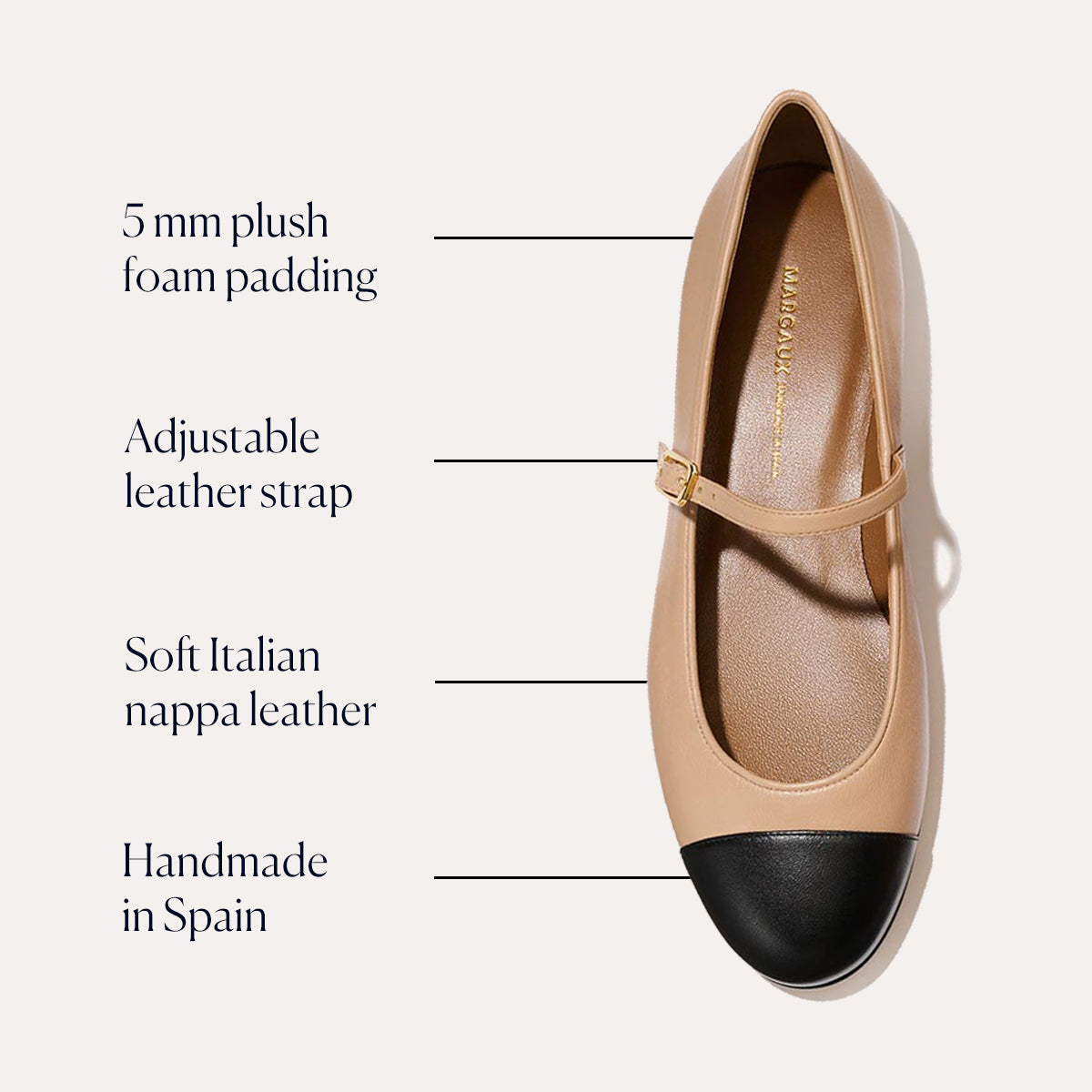 The Demi Jane - Dune and Black Nappa by margaux-development features soft Italian nappa leather, 5 mm foam padding, an adjustable strap, and a chic nude and black design. Handmade in Spain for timeless sophistication.