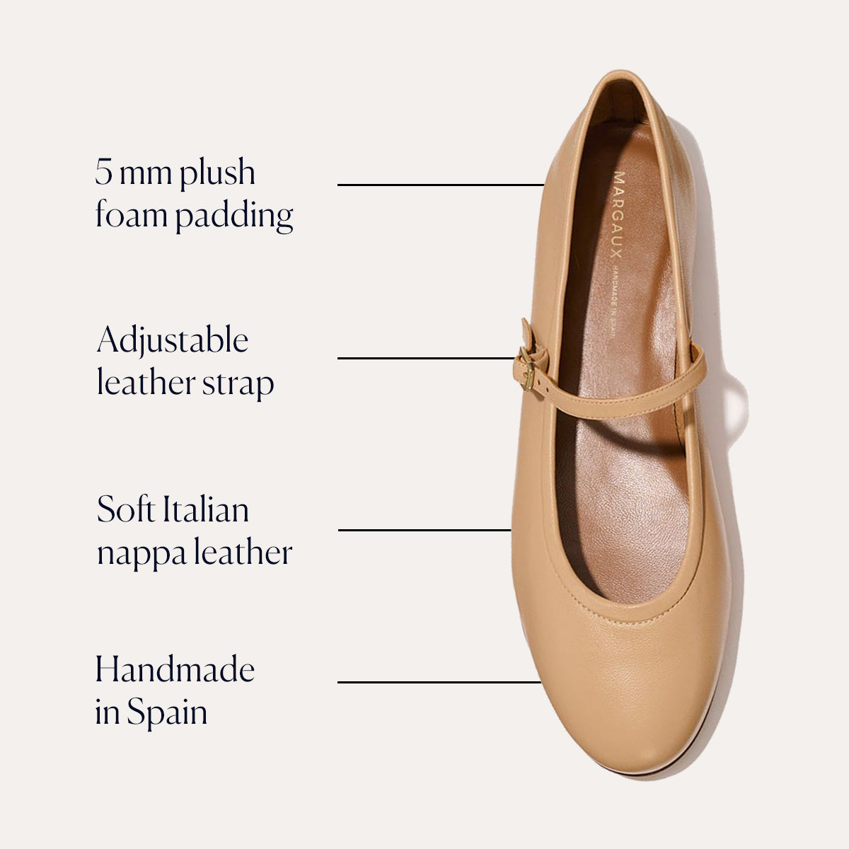 Top view of The Demi Jane - Dune Nappa by margaux-development, featuring 5mm plush foam padding, an adjustable leather strap, soft Italian nappa leather, and handmade craftsmanship from Spain.
