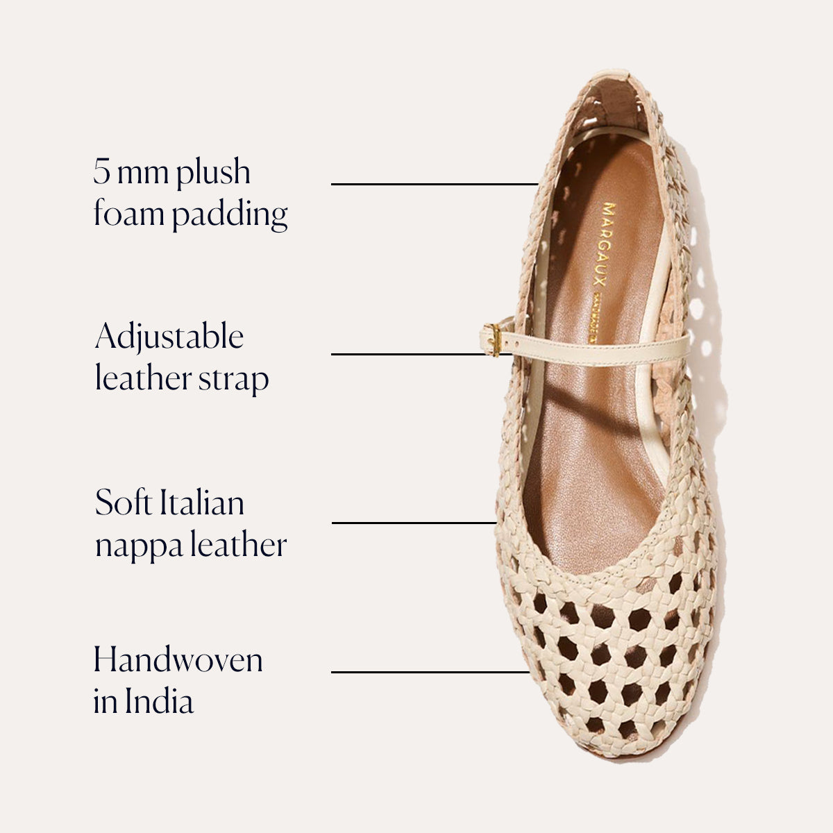 Top view of The Demi Jane - Ecru Woven Leather by margaux-development, showing 5 mm plush cushioned insole (MAILOUX branded), adjustable leather strap, soft Italian nappa leather, and handwoven construction in India.