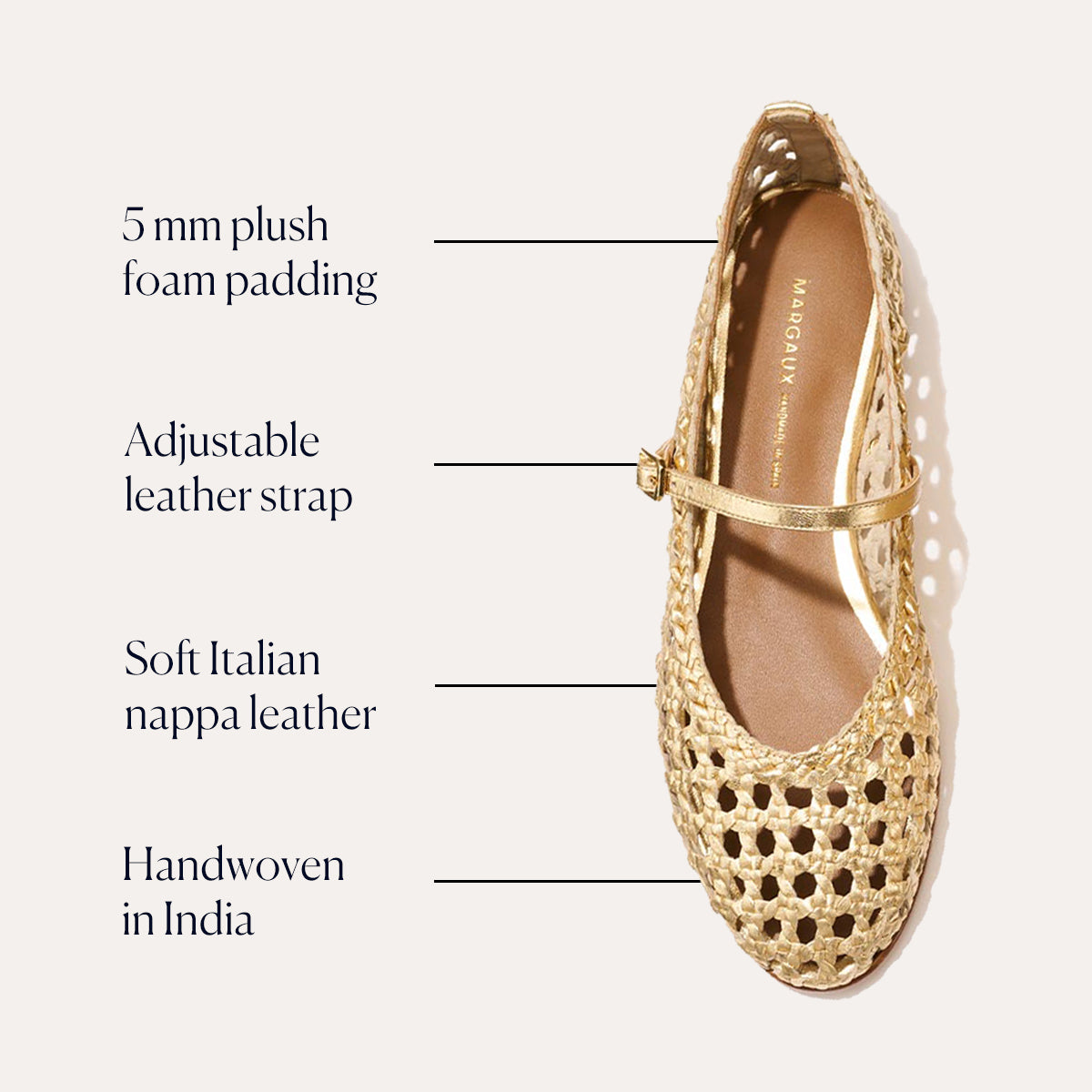 The Demi Jane - Gold Woven Leather from margaux-development is a Mary Jane flat shown from above, featuring 5mm plush foam padding, an adjustable leather strap, soft Italian nappa leather, and handwoven craftsmanship in India.