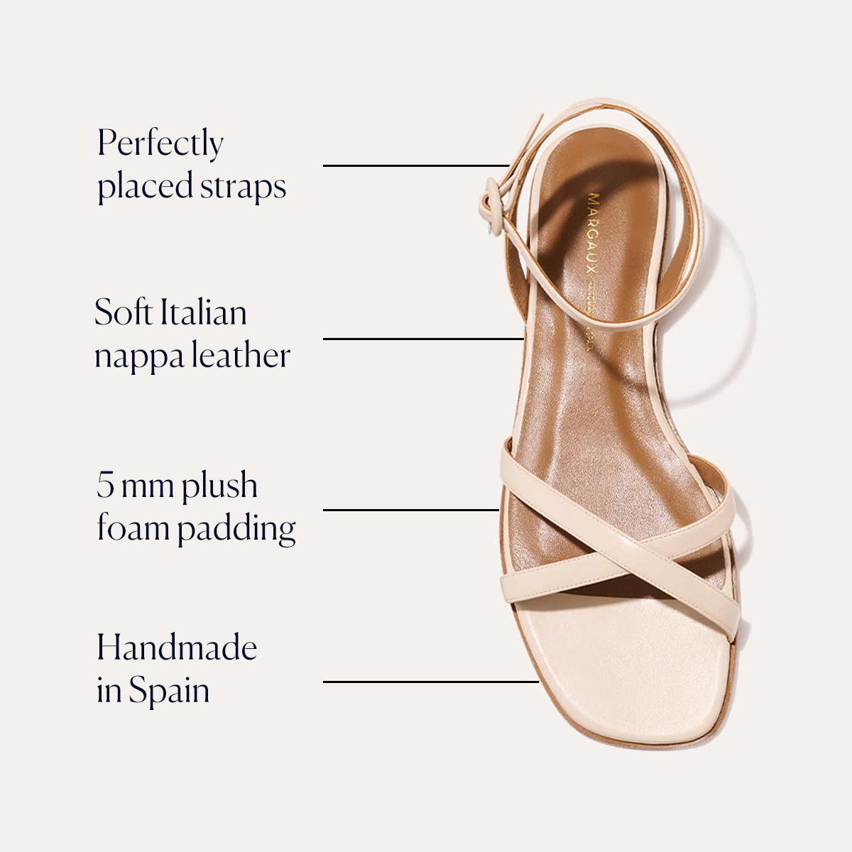 The Flat Sandal - Magnolia Nappa by Margaux features perfectly placed straps, soft Italian nappa leather, a foam-cushioned insole with 5 mm padding, and is handmade in Spain.