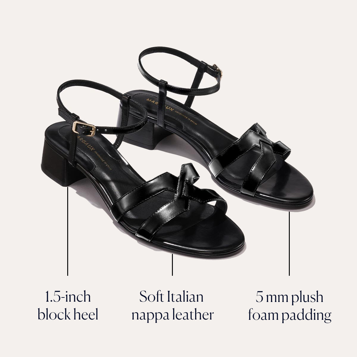 The Yves - Black Calf by margaux-development: elegant black strappy sandals with a 1.5-inch block heel, crafted from soft Italian nappa leather and featuring 5 mm plush foam padding for comfort.
