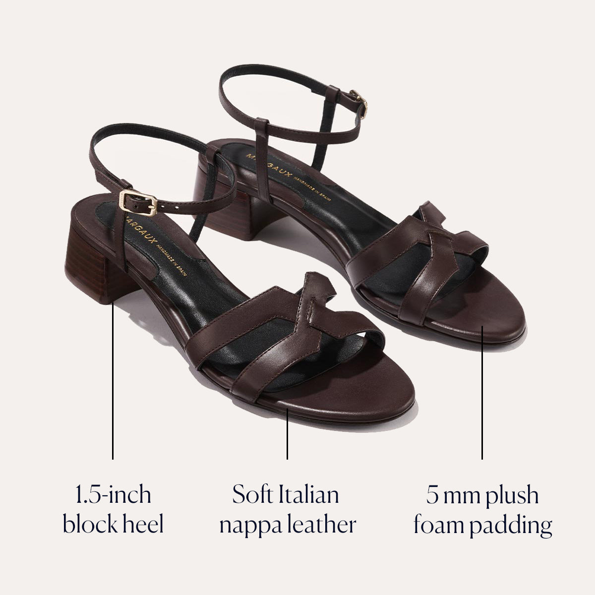 The Yves - Espresso Calf by margaux-development: dark brown sandals with ankle straps, 1.5-inch block heels, soft Italian nappa leather, and 5 mm plush foam padding, shown on a neutral background with feature labels.