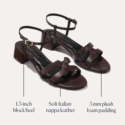 The Yves - Espresso Calf by margaux-development: dark brown sandals with ankle straps, 1.5-inch block heels, soft Italian nappa leather, and 5 mm plush foam padding, shown on a neutral background with feature labels.