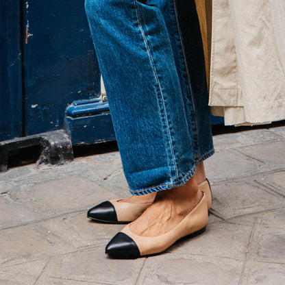 The Pointe in dune nappa, a classic and comfortable ballet flat featuring a refined pointed toe design and nappa leather cap-toe detail.