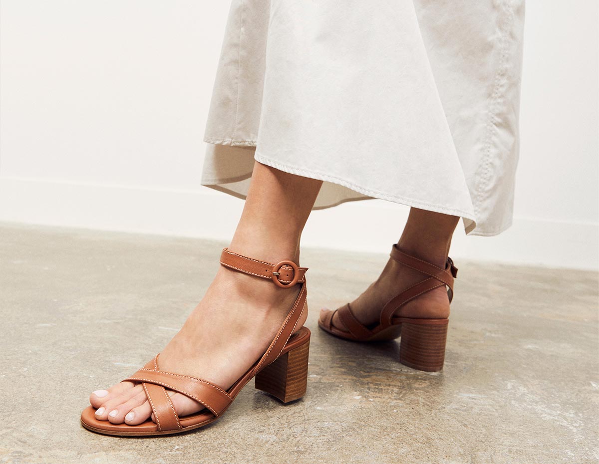 Margaux's all-day City Sandal in Saddle features a walkable heel