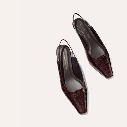 Margaux's Sofia Sling in Espresso Croc Embossed: dark brown, crocodile-embossed leather slingback flats with snip nose and pointed square toes, shown on a light background.
