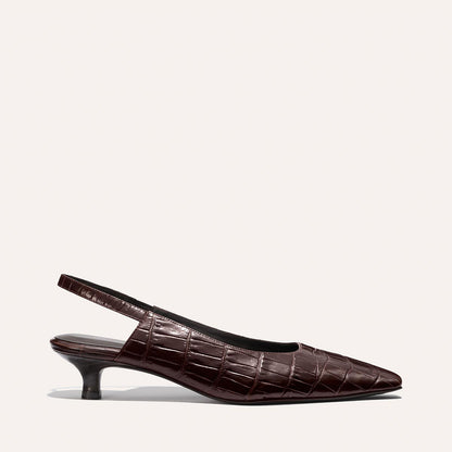 The Sofia Sling - Espresso Croc Embossed by Margaux is a dark brown, crocodile-embossed leather slingback with a snip toe and low kitten heel, shown on a plain light background.