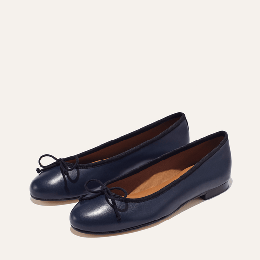 Margaux's classic and comfortable Demi ballet flat, made in a soft, navy Italian nappa leather 
