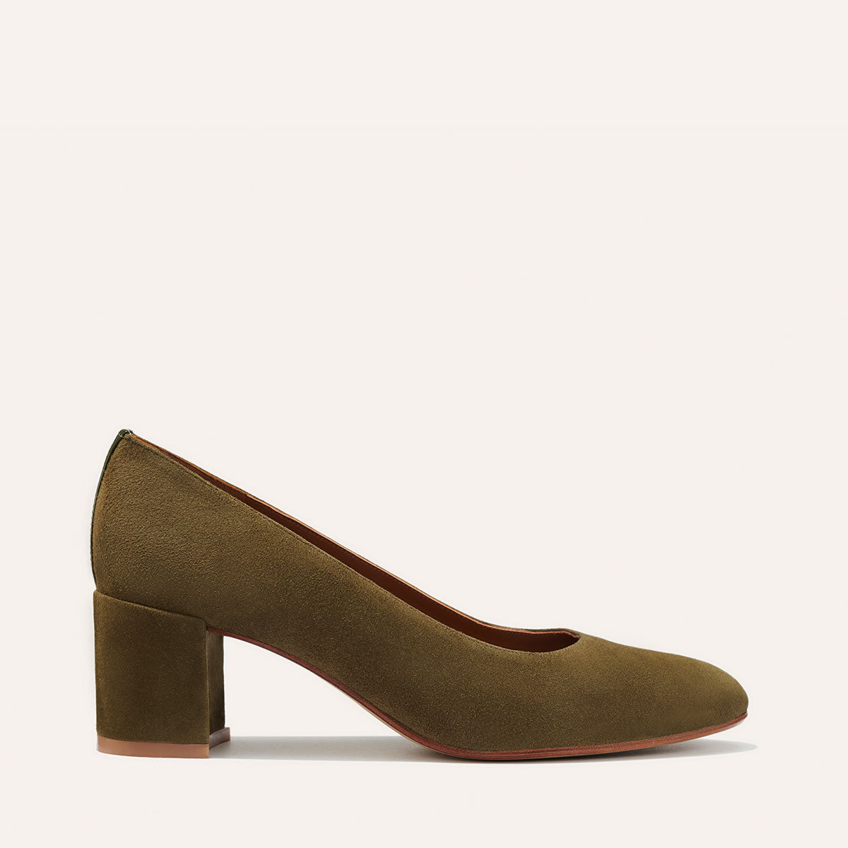 Margaux's classic and comfortable workwear Heel, made in Spain from soft, olive green Italian suede
