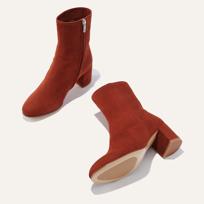 The Boot in Brandy Suede, featuring an elegant almond toe and block heel, crafted from high-quality Italian leather for a timeless and modern look.