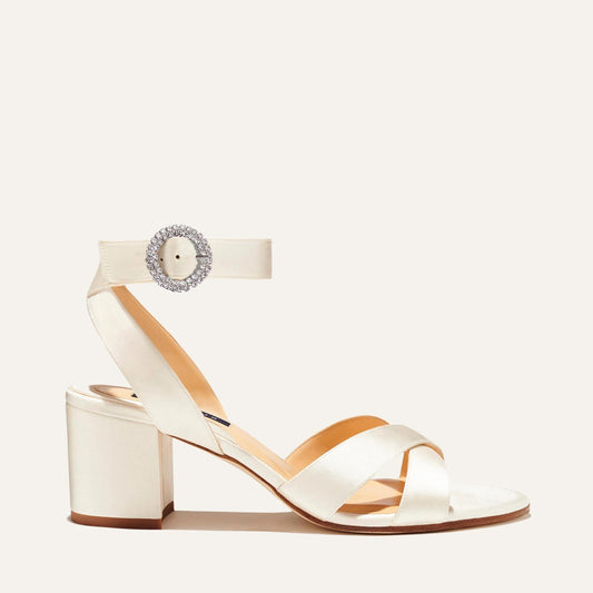 Margaux's bridal City Sandal in ivory satin with comfortable straps and a walkable block heel