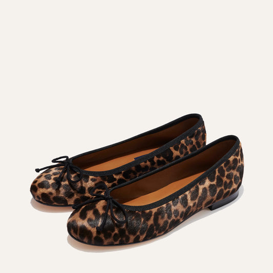 Margaux's classic and comfortable Demi ballet flat, made in a soft, leopard-printed Italian haircalf