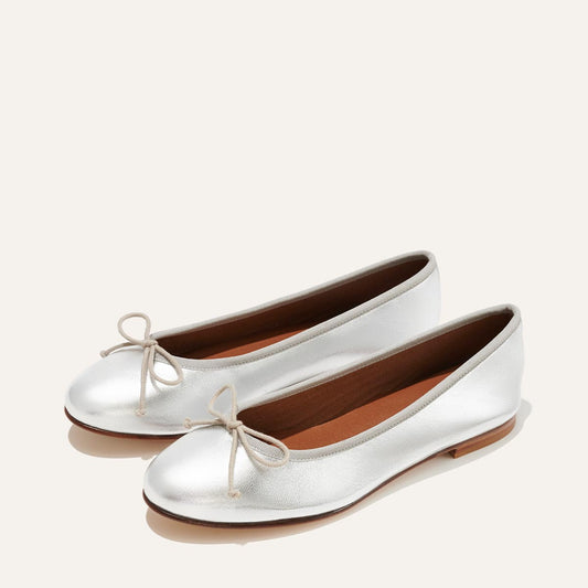 Margaux's classic and comfortable Demi ballet flat, made in a soft, silver metallic Italian nappa leather 