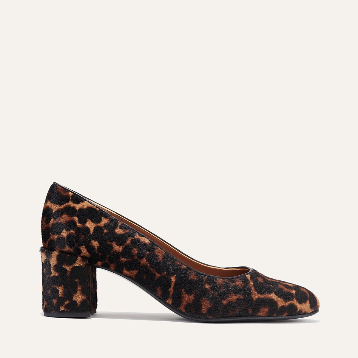 Margaux's classic and comfortable workwear Heel, made in Spain from leopard-print Italian haircalf