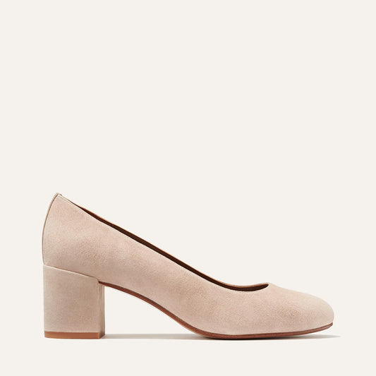 Margaux's classic and comfortable workwear Heel, made in Spain from soft, nude Italian suede